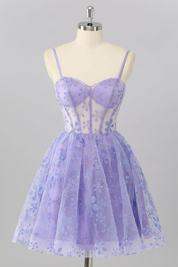Purple A Line Spaghetti Straps Corset Sequin Homecoming Dress